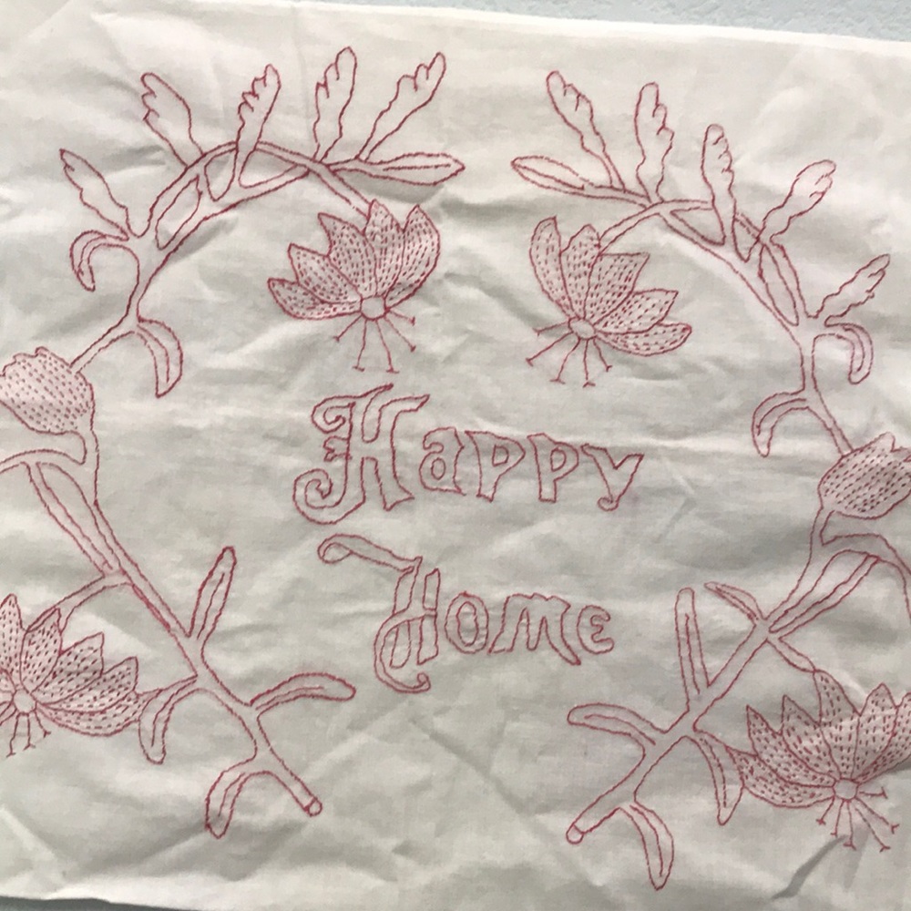 Hand embroidered white pillow case w crochet trim